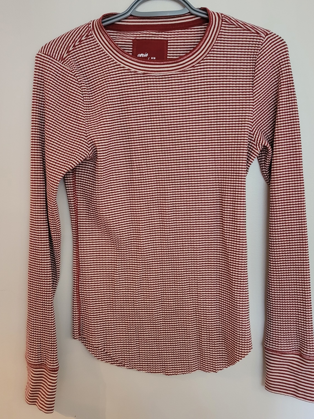 Aerie Red & White Narrow-Striped Long Sleeve Crewneck